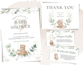 Neutral Teddy Bear & greenery Baby Shower Invitation set template, diaper raffle, books for baby and thank you card, We can bearly wait ,