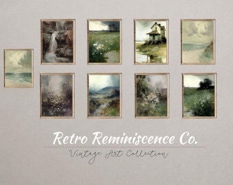 Moody Set of 9 Prints, Antique French Country Decor Painting, Vintage Oil Paintings, Antique Gallery Wall Art Set, Printable Digital Art