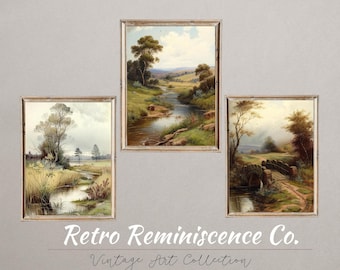 Moody Autumn Set of 3 Prints, Country 3 Pieces Vintage Printable Art, Muted Landscape Painting, Neutral Split Print, Farmhouse Decor