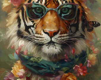 Tijger muurkunst print - maximalistische bloemen dierenschilderij digitale download