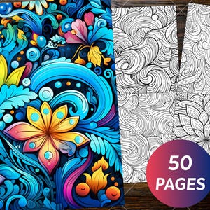 May include: A digital coloring book set featuring 50 pages of intricate floral and swirling patterns. The collection includes one vibrant, full-color example page and several black and white line art pages with detailed botanical designs.