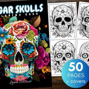 May include: A colouring book featuring sugar skulls with floral designs. The cover shows a colourful sugar skull with flowers. The title of the book is "Sugar Skulls Colouring Book". The book has 50 pages plus covers.