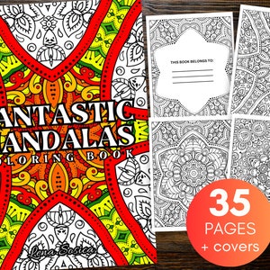 Op de afbeelding: Een kleurboekomslag met een kleurrijk mandala-ontwerp. De titel is "Fantastic Mandalas Coloring Book" met de naam van de auteur "Lena Sosica" onderaan. De omslag is omgeven door vier zwart-witte mandala-ontwerpen. De tekst "35 pagina's + omslagen" staat in een rode cirkel.