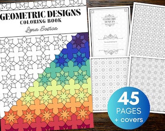 May include: A coloring book with a rainbow gradient cover featuring geometric designs. The cover text reads "Geometric Designs Coloring Book" and "Lena Sesica". The book has 45 pages plus covers.