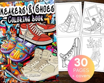 May include: A colouring book titled "Sneakers & Shoes" with a graffiti-style cover showcasing sneaker illustrations. The book contains 30 pages of line art sneaker designs for colouring. The book includes a variety of sneaker styles.