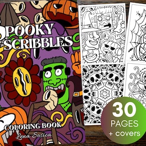 May include: A colorful coloring book cover with the title "Spooky Scribbles Coloring Book" and the author's name "Lena Sosica". The cover features a variety of spooky characters and objects, including a pumpkin, a monster, and a spider. The book has 30 pages plus covers.