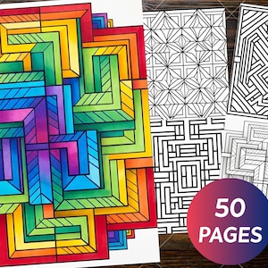 May include: A coloring book featuring 50 pages of geometric patterns and intricate maze designs. One page is fully colored in a vibrant rainbow gradient, while other pages display black and white line art with complex interlocking shapes.