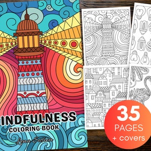以下が含まれることがあります： 赤い白のストライプの塔と青と白のパターンのベースを持つ灯台が描かれたカラフルな表紙の塗り絵。灯台は渦巻く波と光の光線に囲まれています。本のタイトルは「マインドフルネス塗り絵」で、著者は「Lena Sasica」です。この本は表紙を含めて35ページです。