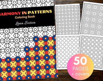 Pode incluir: Um livro para colorir intitulado "Harmonia em Padrões" de Lena Sosica. A capa apresenta um padrão geométrico colorido com azul, vermelho, amarelo e laranja. O livro inclui 50 páginas mais as capas.