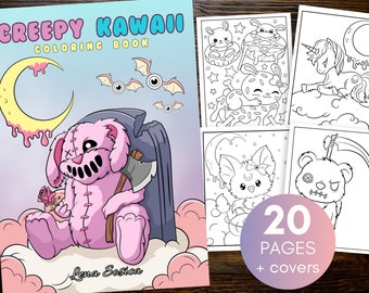 Könnte beinhalten: Das Cover eines "Creepy Kawaii Coloring Book" zeigt ein rosa genähtes Kaninchen mit einer Axt, einem Halbmond und Fledermäusen. Das Buch enthält 20 Seiten mit Schwarz-Weiß-Illustrationen von gruselig-süßen Charakteren, darunter ein Einhorn und ein Bär.
