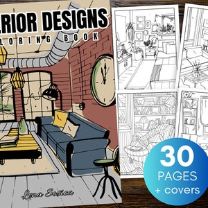 May include: A coloring book titled "Interior Designs Coloring Book" with a black and white illustration of a living room on the cover. The book has 30 pages plus covers.
