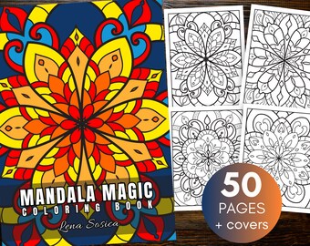 May include: A colorful mandala coloring book with 50 pages and covers. The cover features a vibrant orange, yellow, and red mandala design. The title "Mandala Magic Coloring Book" is written in white text on a blue background.