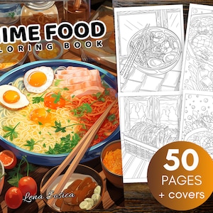 Könnte beinhalten: Das Cover eines "Anime Food Coloring Book" zeigt eine Schüssel Ramen mit Eiern, Lachs und Essstäbchen. Das Buch enthält 50 Seiten mit Strichzeichnungen verschiedener japanischer Gerichte. Der Einband enthält auch die Signatur des Künstlers.