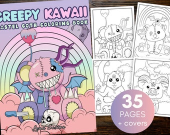 Könnte beinhalten: Ein Malbuch mit dem Titel "Creepy Kawaii Pastel Goth" mit einem rosa, lila und blauen Cover. Es zeigt einen genähten Teddybären mit einem Messer und einem Totenkopf. Das Buch enthält 35 Seiten mit Schwarz-Weiß-Illustrationen von gruseligen, niedlichen Charakteren.