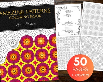May include: A coloring book titled "AMAZING PATTERNS" by Lena Sosica. The cover features a vibrant geometric design in yellow, pink, and orange. Inside, there are pages with intricate black and white patterns. The book includes 50 pages plus covers.