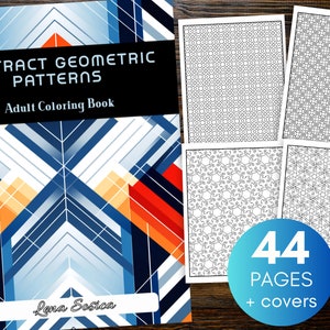 Może przedstawiać: Okładka książki do kolorowania z tytułem "Abstract Geometric Patterns" i podtytułem "Adult Coloring Book". Okładka przedstawia kolorowy wzór geometryczny w odcieniach niebieskiego, czerwonego, pomarańczowego i białego. Książka zawiera 44 strony plus okładki.