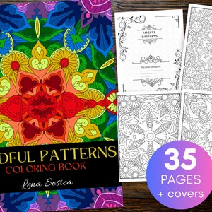 May include: A coloring book titled "Mindful Patterns Coloring Book" by Lena Sosica. The cover features a colorful mandala design with a rainbow color scheme. The book has 35 pages plus covers.