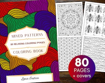 May include: A colorful cover for a coloring book with the title "Mixed Patterns 80 Relaxing Coloring Images Coloring Book" and the author's name "Lana Sosica". The cover features a pattern of overlapping wavy lines in shades of red, green, yellow, and purple. The book includes 80 pages of coloring images and covers.