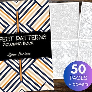 Può includere: Un libro da colorare intitolato "Perfect Patterns Coloring Book" di Lena Sosica. La copertina presenta un motivo geometrico in tonalità di blu, arancione e beige. Il libro comprende 50 pagine di motivi intricati da colorare.