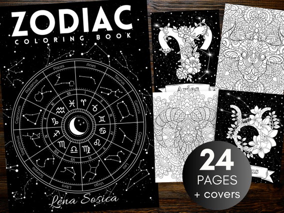 Zodiac Coloring Book: 24 Astrology Coloring Pages (Instant Download)