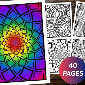 May include: A collection of 40 coloring pages featuring intricate geometric and abstract patterns. One large page displays a vibrant rainbow gradient background with black line art, while other pages show black and white line designs.