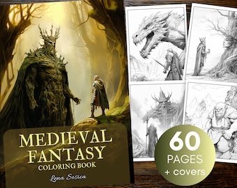 Pode incluir: Um "Livro de colorir de fantasia medieval" de Lena Sosica. A capa apresenta uma cena de floresta com uma grande figura semelhante a uma árvore e uma pessoa. O livro inclui 60 páginas de ilustrações em preto e branco de dragões, cavaleiros e criaturas fantásticas.