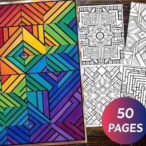 Peut inclure: Une collection de pages à colorier avec des motifs géométriques, incluant une feuille entièrement colorée avec un dégradé arc-en-ciel vibrant et plusieurs feuilles de dessin au trait noir et blanc, avec un badge circulaire indiquant 50 PAGES.
