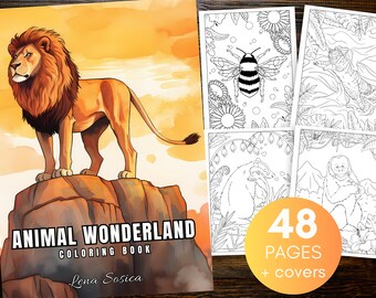 Op de afbeelding: Een kleurboekomslag met een leeuw die op een rots staat met een zonsondergang op de achtergrond. De titel van het boek is "Animal Wonderland Coloring Book" door Lena Sosica. De omslag bevat ook een tekstoverlay die "48 pagina's + omslagen" zegt.
