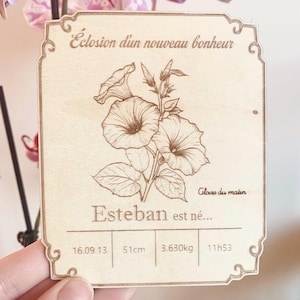 Carte de naissance fleur de naissance - Carte en bois personnalisée - Signification des fleurs - Cadeau naissance original