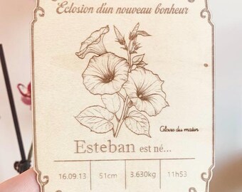 Carte de naissance fleur de naissance - Carte en bois personnalisée - Signification des fleurs - Cadeau naissance original