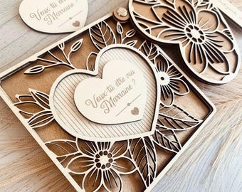 Carte annonce Marraine - Demande Marraine originale - Élégante et classe - Cadeau personnalisé - Gravée en bois - Porte-clé offert
