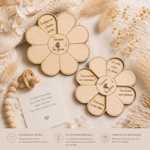 Gepersonaliseerde houten bloemenkaart als peetmoederwens – Originele zwangerschapsaankondigingskaart – Verrassend cadeau voor de peetmoeder met gegraveerde bloemblaadjes