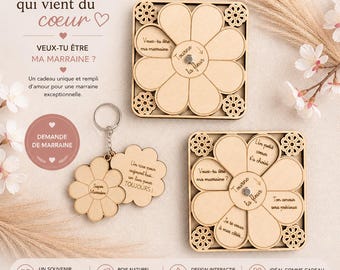 Anuncio original de madrina de madera – Flor giratoria – Regalo para pedirle a alguien que sea madrina en un bautizo o nacimiento.