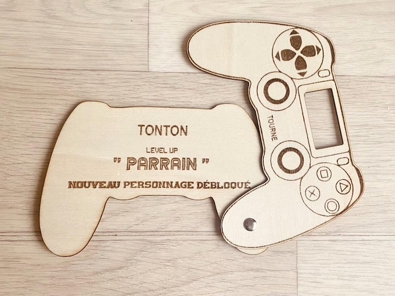 Carte demande Parrain - Carte annonce parrain - Manette PlayStation bois personnalisée - Cadeau original - Porte-clé Parrain Carte