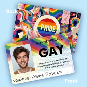 Carte de membre gais-lesbienne-bisexuelle-LGBTIQA+ personnalisable/personnalisée - carte de la fierté gay avec votre photo et une oeuvre d'art au choix au dos