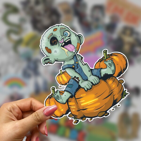 Cute & Creepy Pumpkin Zombie - Splashproof Matte Vinyl Sticker/Decal for Laptop, lunchbox, etc.