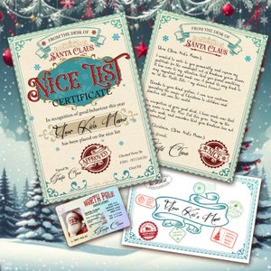 Licencia de conducir perdida de Papá Noel con copos de nieve holográficos, una carta de agradecimiento personalizable de Papá Noel con un certificado de "lista buena" personalizado.