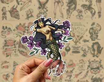 Tattoo Style Mermaid Sticker - Matte Vinyl Decal, Laptop Planner