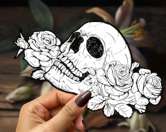 Skull with Roses Vinyl Sticker – Gothic Laptop Decal (5.5" x 3")