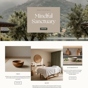 以下が含まれることがあります： Hidden Gem Retreatsのウェブサイトのホームページ。穏やかな風景と「Mindful Sanctuary」の文字が特徴です。「Mind」、「Body」、「Nourishment」の各セクションがあり、それぞれに「Explore」ボタンがあります。このサイトはウェルネスとリラクゼーションを促進しています。