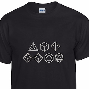 May include: Black t-shirt with a white outline of seven different dice, including a four-sided pyramid, a six-sided cube, an eight-sided die, a ten-sided die, a twelve-sided die, and a twenty-sided die.