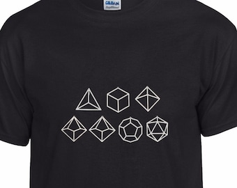 May include: Black t-shirt with a white outline of seven different dice, including a four-sided pyramid, a six-sided cube, an eight-sided die, a ten-sided die, a twelve-sided die, and a twenty-sided die.