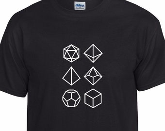May include: Black t-shirt with a white outline of six different dice shapes.
