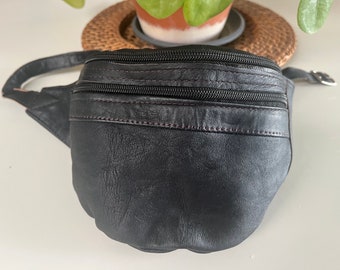 Sac banane marocain en cuir véritable naturel, noir, artisanal et unique, fanny pack