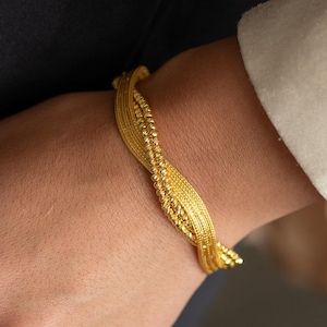 14K Solid Gold Woven Bracelet - Handmade Wide Gold Bangle