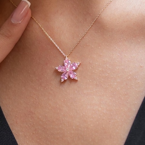 14k Solid Gold Pink Flower Necklace: Dainty Floral Pendant