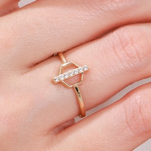 Solid Gold Hexagon Ring with Zircon: Dainty Geometric Jewelry