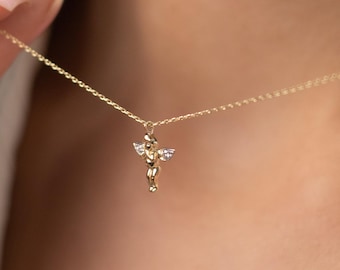 14K massief gouden ketting met engelhanger: sierlijke Guardian-sieraden