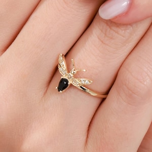 Solid Gold Bee Ring: Zircon Insect Jewelry