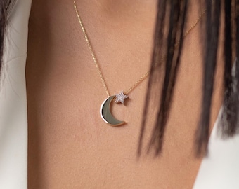 Collana con luna e stella in oro massiccio - Pendente a mezzaluna in oro 14 carati